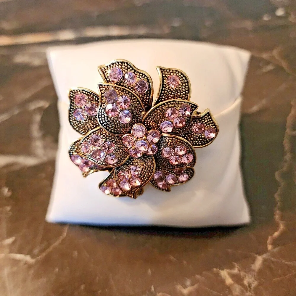 Vintage Briliant Pink Rhinestone Flower Brooch